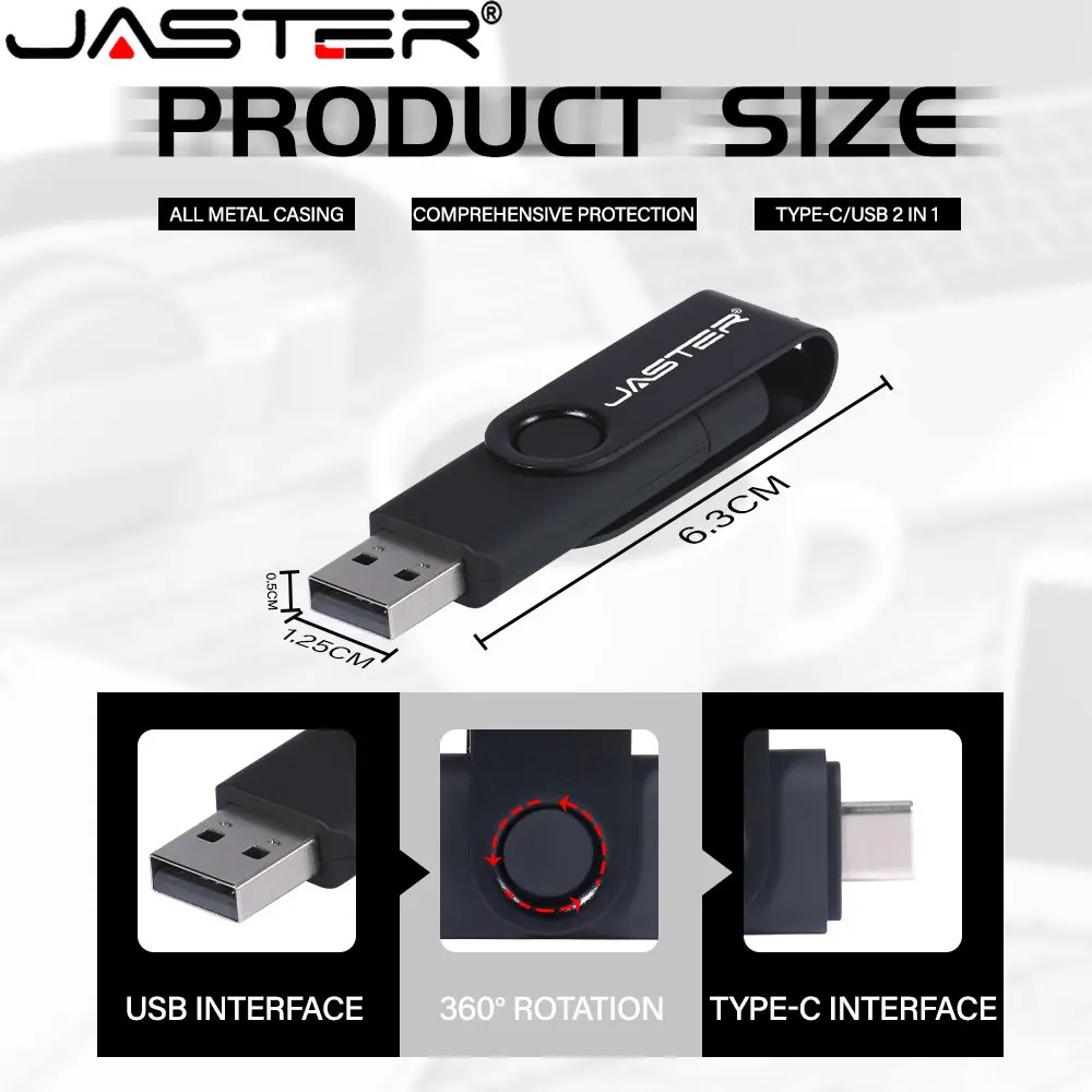 JASTER 펜 드라이브 C타입 OTG 2.0 USB 플래시 드라이브, 블루 방수 및 낙하 방지, 회전식 키 링 메모리 스틱, 128GB, 64GB, 32GB