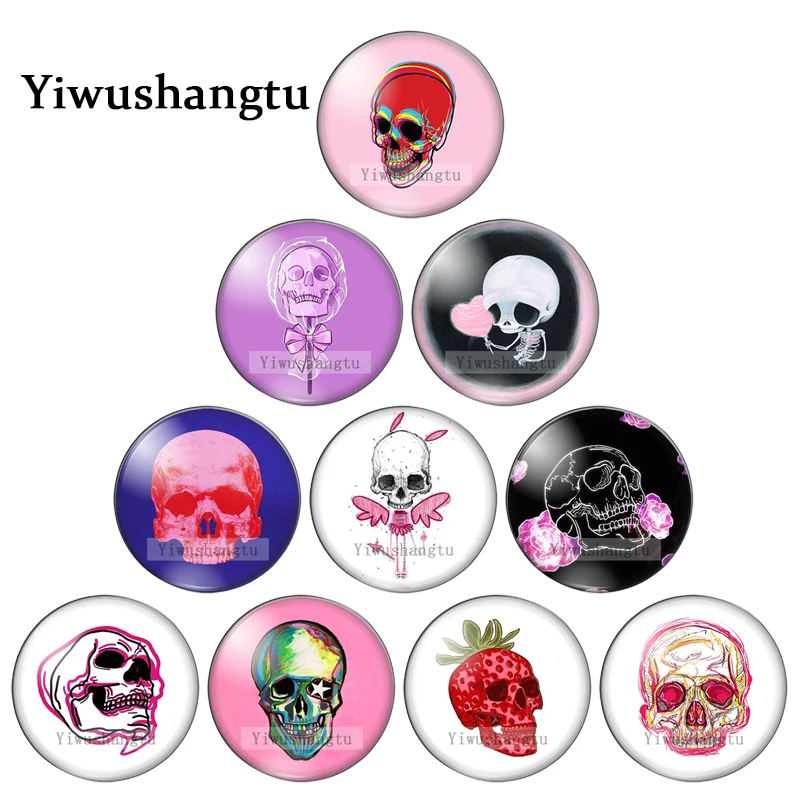 

Разноцветные картины с изображением любовных цветов, черепа, 12 мм, 18 мм, 20 мм, 25 мм, круглые стеклянные кабошоны для демонстрации фото с плоским основанием, фурнитура для изготовления