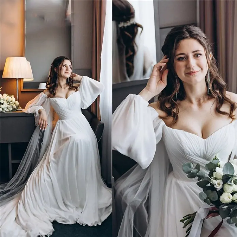 

Elegant Off The Shoulder Chiffon Wedding Dress V-Neck Long Backless Lantern Sleeves A-Line Beach Bridal Gowns Vestidos De Novia