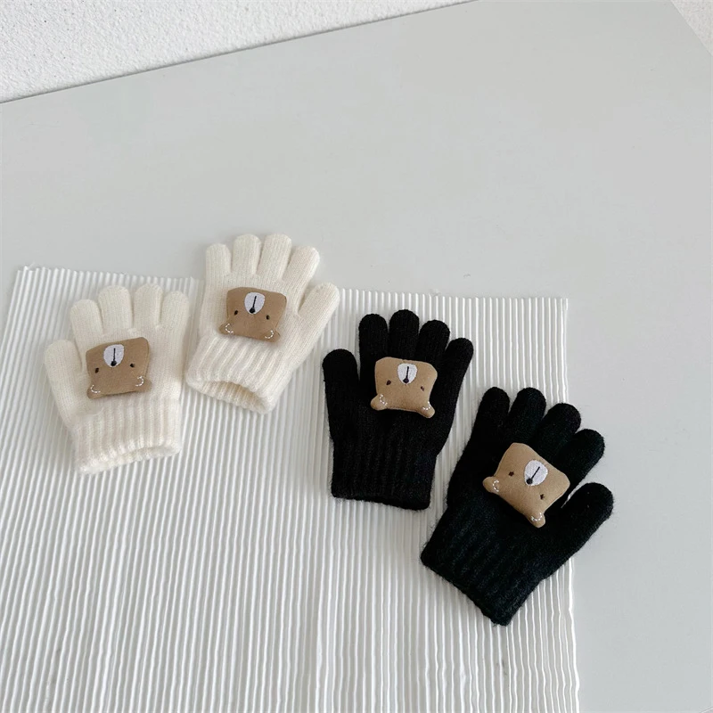 Winter Kids Knitted Gloves Cute 3D Bear Baby Mittens Thick Woolen Children Five Finger Gloves 1-4year Korean Toddler Hand Warmer 3