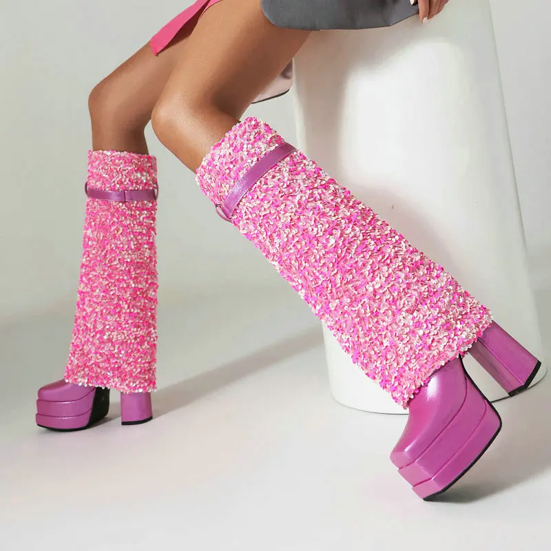 

Big Size 34-48 Sequins Cloth Blig Bling Shiny Pink Blue Lady Winter Shoes Folded Straight Shaft Block High Heels Knee-high Boots