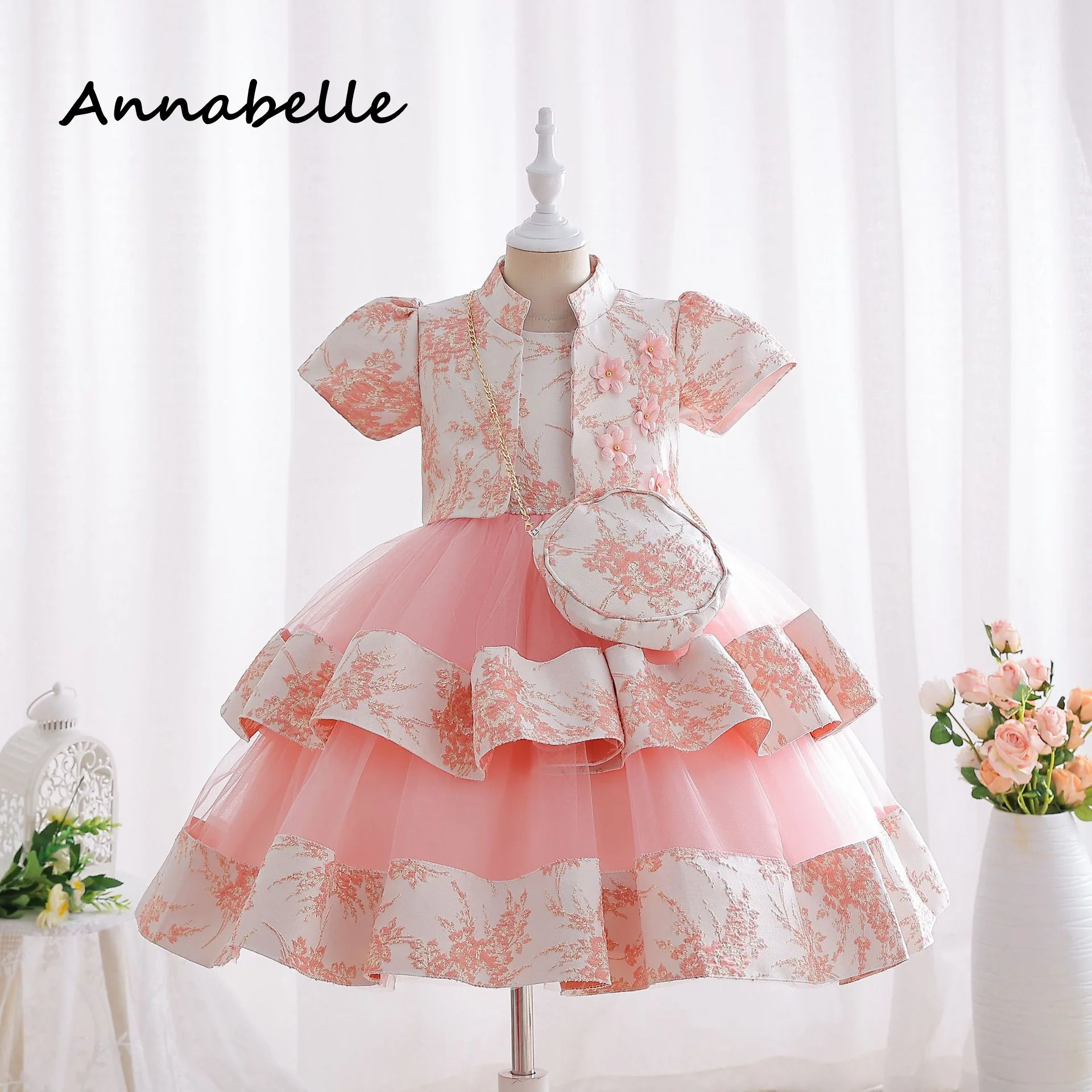 

Annabelle Flower Baby Girl Bow Dress For Wedding Party Dresses Kids Bridesmaid Children Puffy Baby Clothes Princess vestidos