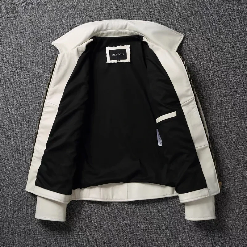 Men's Genuine Leather Jacket White Lapel Calfskin Jacket Natural Cowhide Men's Coat Slim Fit Top Layer Cowhide Biker Jacket - 3