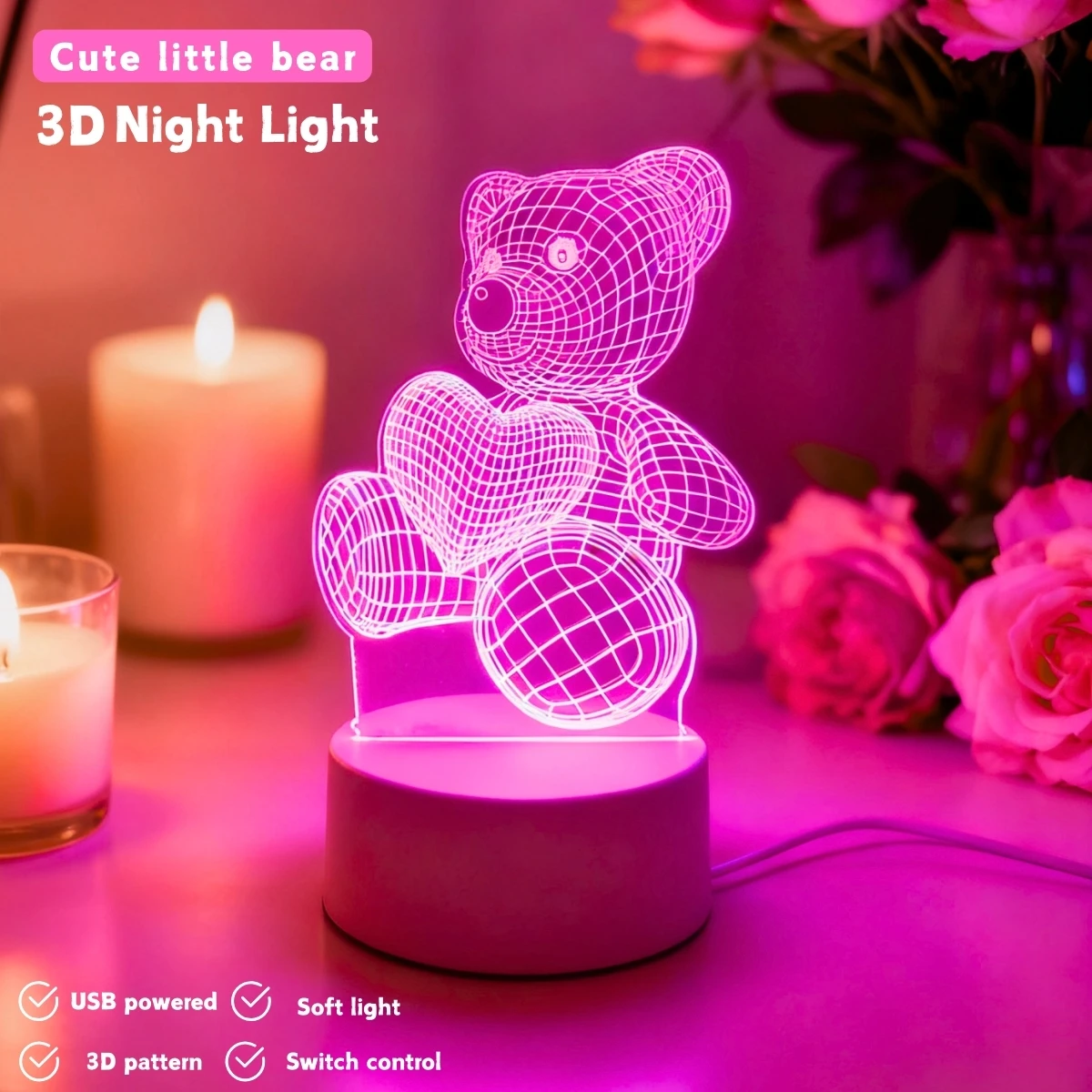 1pc 리틀 베어 3D 나이트 라이트 로맨틱 핑크 라이트, 가족과 친구를 위한 작은 선물, 홈 데코