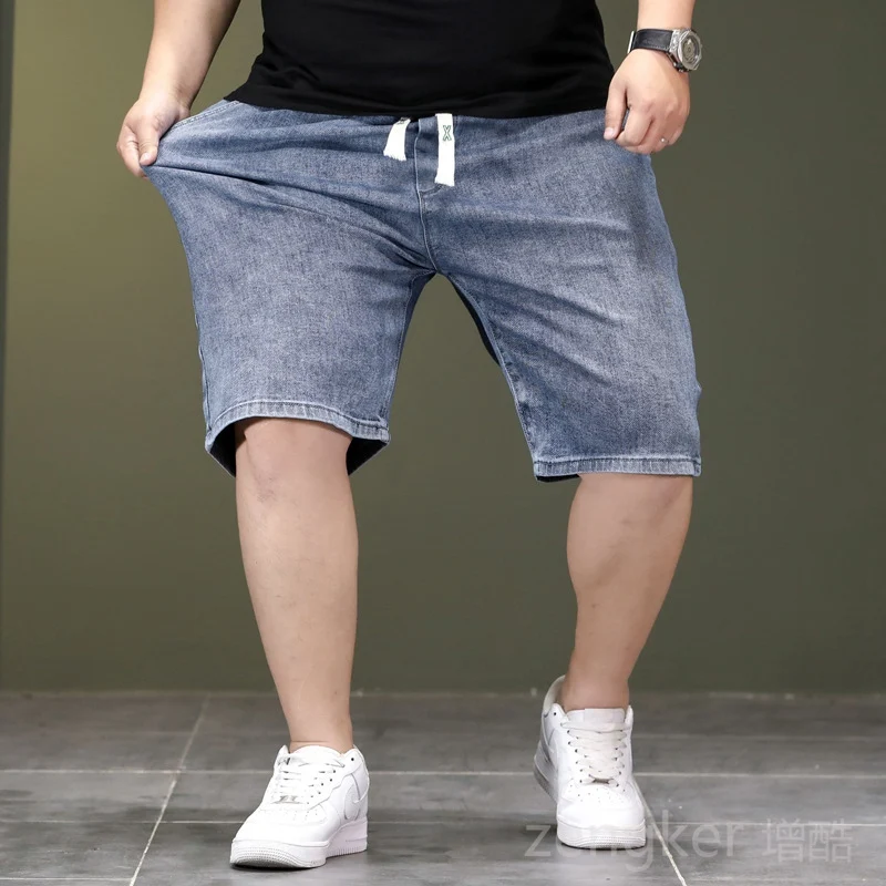 Summer thin section large size stretchy 5 point denim shorts male deep crotch loose middle aged man elastic middle trousers