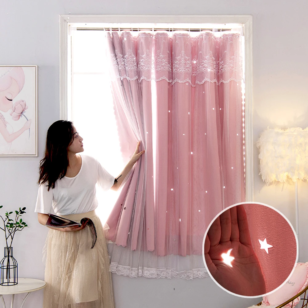 Window Curtains Star Blackout Partition Hanging ring With gauze pink For Bedroom Living room