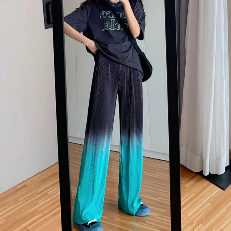 Tie Dye Wide Leg Pants Women Fashion New Casual Loose Gradient Streetwear Elastic High Waist Folds Basics Long Pants