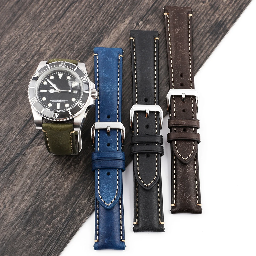 Genuine Leather Retro Watch Strap with Quick Release
