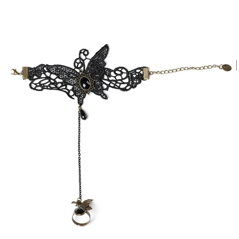 

Retro-Gothic Vintage Butterfly-Lace Bracelet with Ring Punk Jewelry Chain Gloves Bracelet Wedding Party Bracelet Jewelry