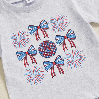 Girls Independence Day Skirt Set with Short Sleeve Bow Letter Print Tops and A-line Tulle Skirt for 4th of July 5