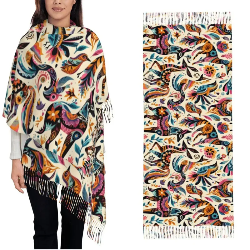 

Otomi Animals Scarf Women Winter Warm Pashmina Shawl Wrap Mexican Fiesta Flowers Long Scarves With Tassel For Daily Wear