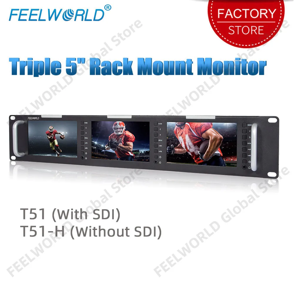 

FEELWORLD T51 тройной 5-дюймовый 2RU широковещательный SDI-монитор с креплением на стойке, полевой видео ЖК-экран 800x40 0 3G SDI HDMI AV вход и выход