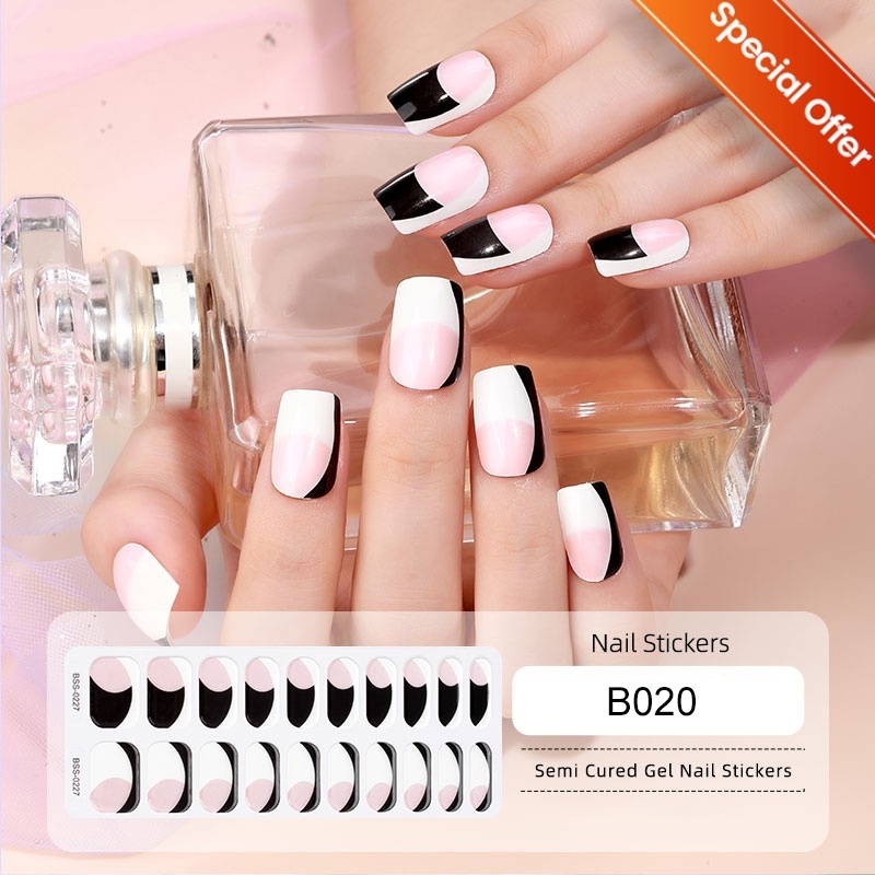 1 Sheet French Semi-cured Gel Nail Sticker Half Transparent Nail Wraps Shiny Full Cover Nail Strips DIY Extension Patch Design