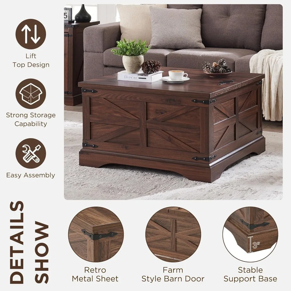 Farmhouse Lift Top Coffee Table with Storage, Wood Square Center Table with Large Hidden Compartment, Rustic Lift Tabletop 5
