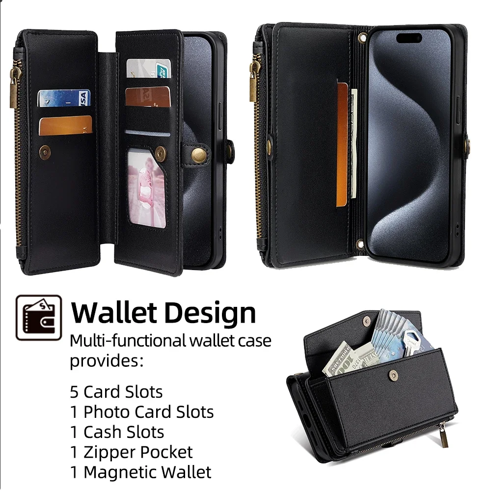 Multi-Functional Leather Wallet Flip Stand Case with Crossbody Strap