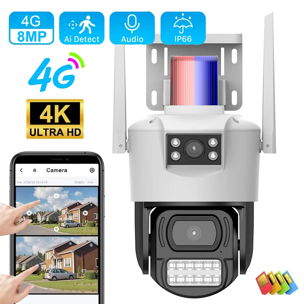 LTE 4G Camera SIM Card 4K 8MP Dual Lens WIFI IP Camera Outdoor IP66 Waterproof Two Way Audio AI Human Track Security Protection