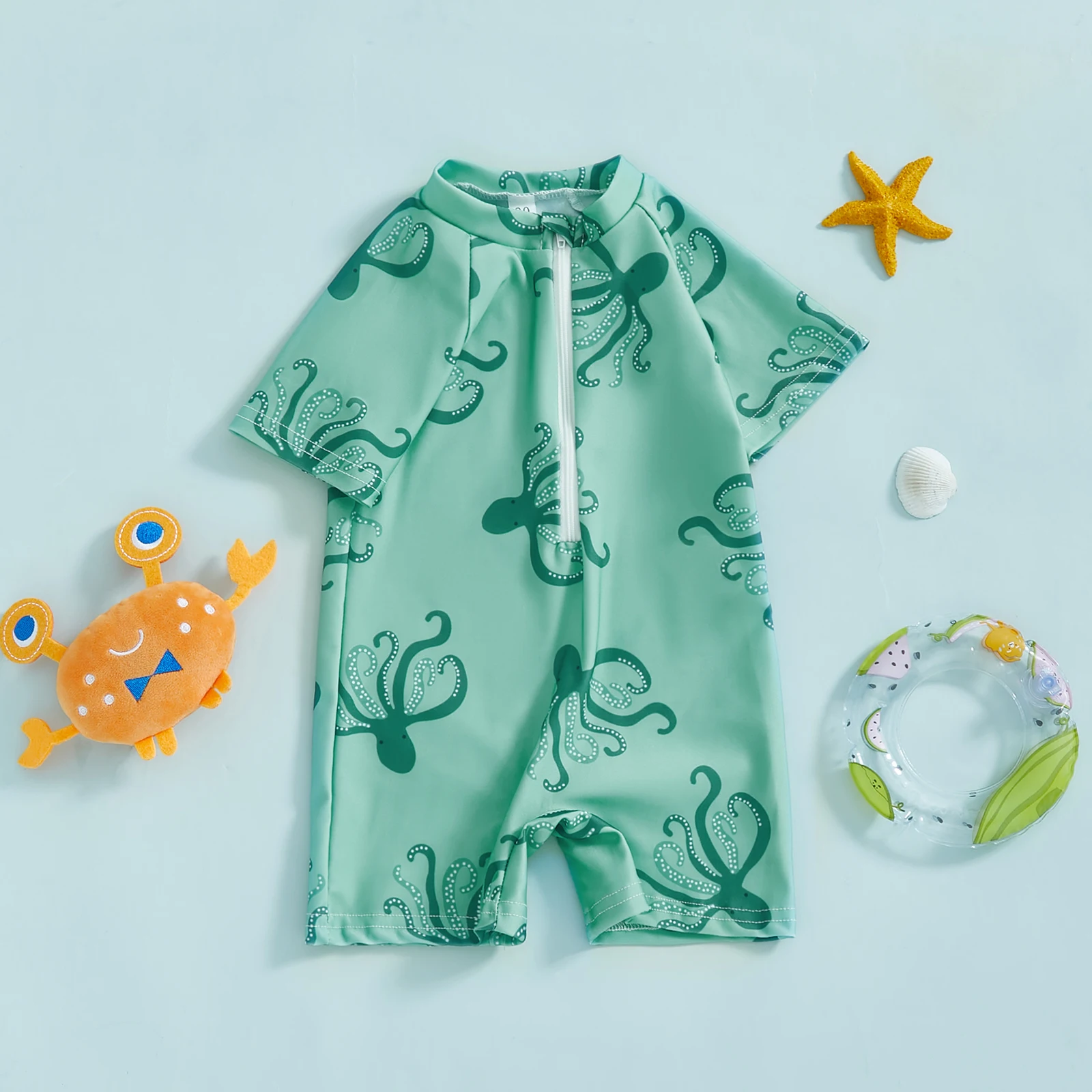 MISOWMNJOY Summer Children Boys Rash Guard Swimsuit Cute Octopus Print Zip Up Short Sleeve Baby Boys Swimwear Bathing Suit 2