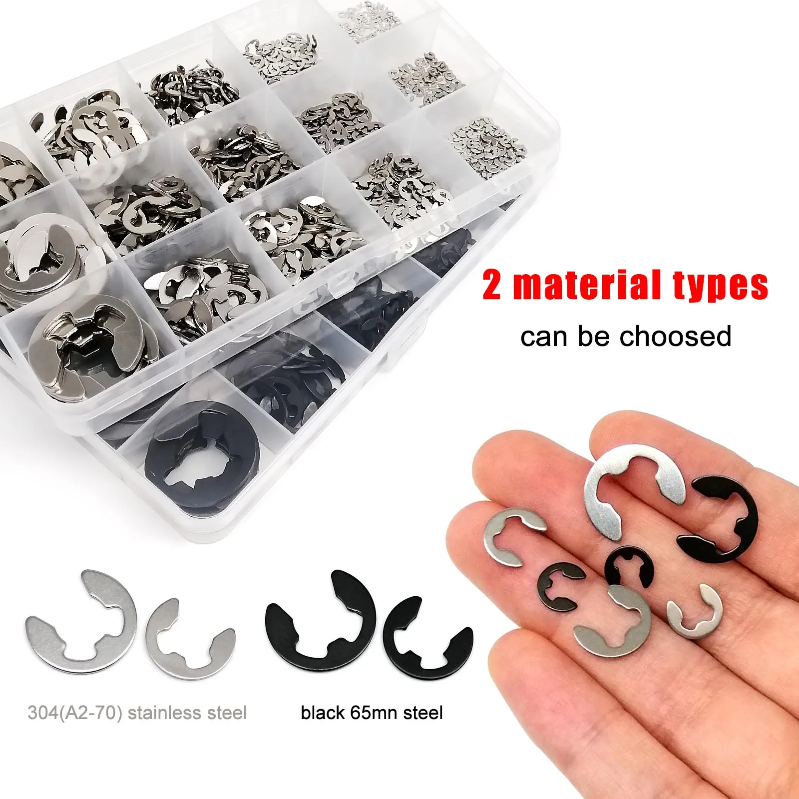 Mix M1.2 M1.5 M2 M2.5 M3 M4 M5 M6 M8 M10 M12 M15 E type Circlip Shaft Bearing External Retaining Ring Snap Washer Set Kit 1 Box retaining ring set