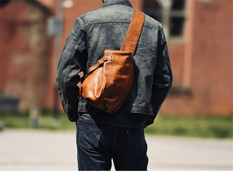 Original Vintage Designer hand gefertigte Echt leder Herren Brusttasche Mode Luxus Outdoor täglich echte Rindsleder Umhängetasche – Detail 3