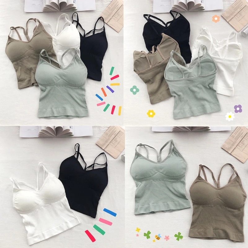 5pcs 여성 섹시한 넥 Strappy 스포츠 브래지어 솔리드 컬러 무선 요가 운동 캐미솔 Bralette 패딩 늑골이있는 속옷