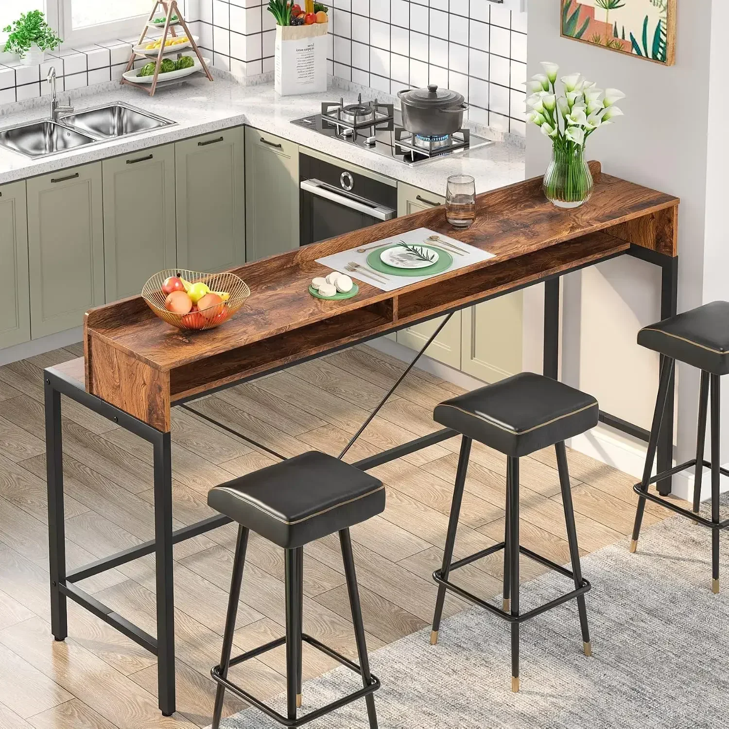 New2025-70.9 Inch Extra Long Sofa Table with Storage, Industrial Table Behind Sofa with Open Shelves, 2-Tier Bar Height Console