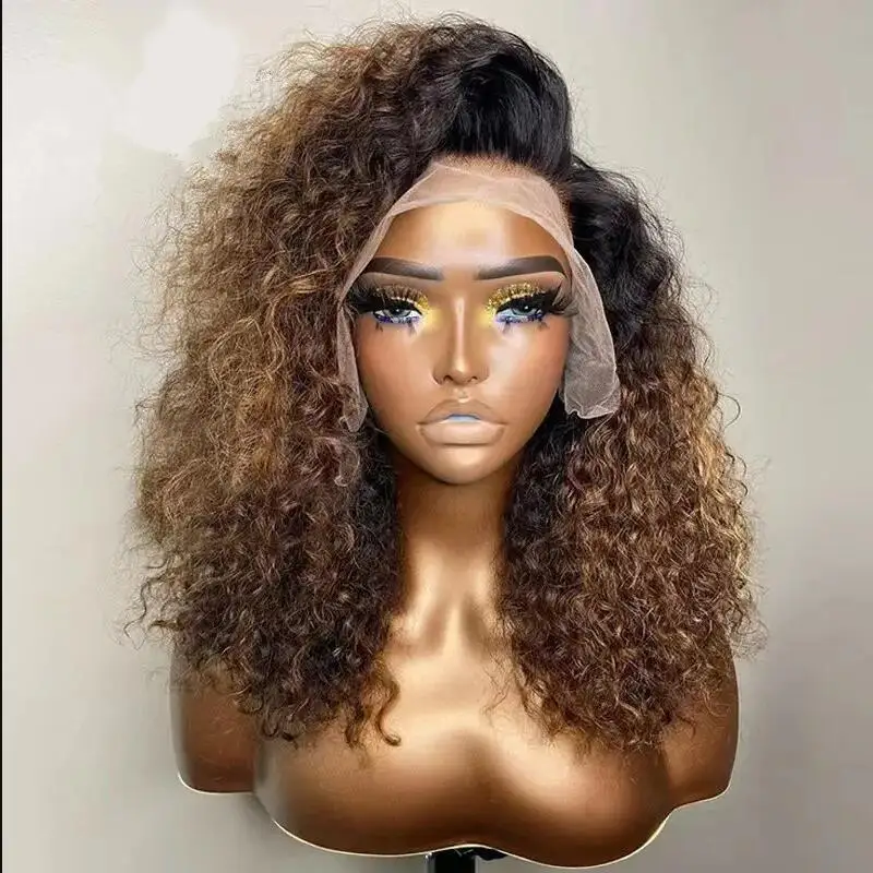 

180Density 26" Soft Natural Ombre brown Kinky Curly Lace Front Wig For Black Women BabyHair Glueless Preplucked Heat Resistant