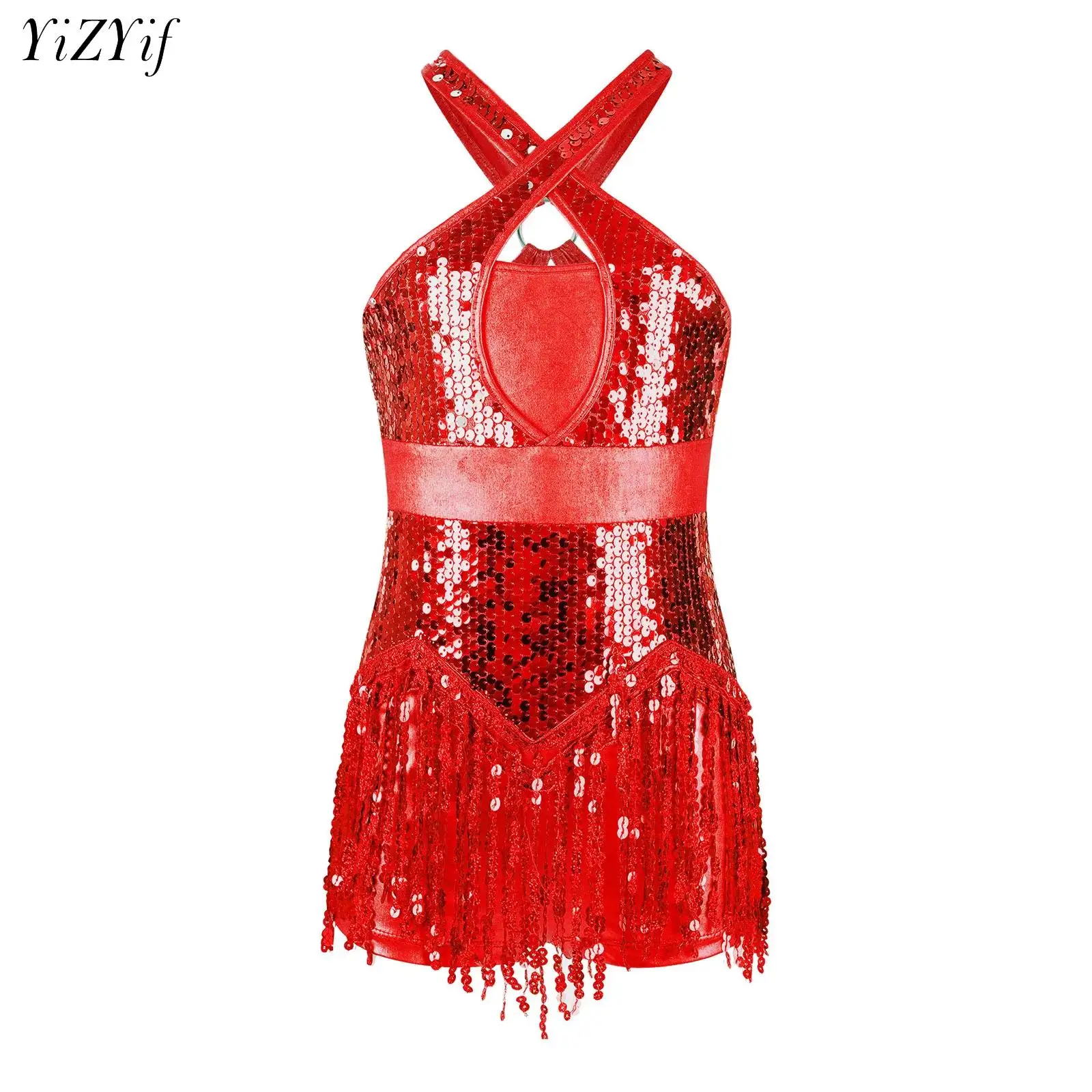 

Kids Girls Latin Dance Costume Sequin Tassel Jazz Cha-Cha Leotard Dress Cross Front Cutout Back Fringed Bodysuit Stage Dancewear