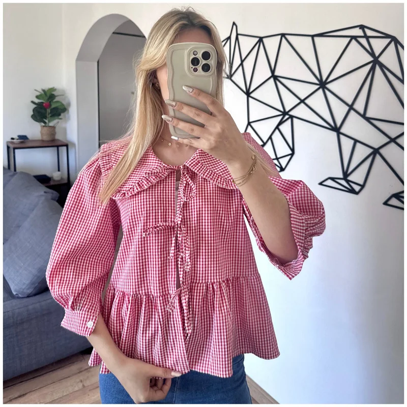 Babydoll Tops y2k Clothing Women Summer Ruffled Collar Lace Up 3/4 Sleeve Loose Blouses Shirts 2000s Clothes Streetwear