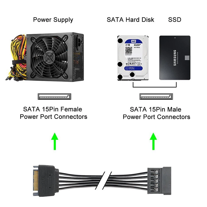 Sata Power Cable 15 Pin Male to Female 1 to 3 4 5 6-Port for PC