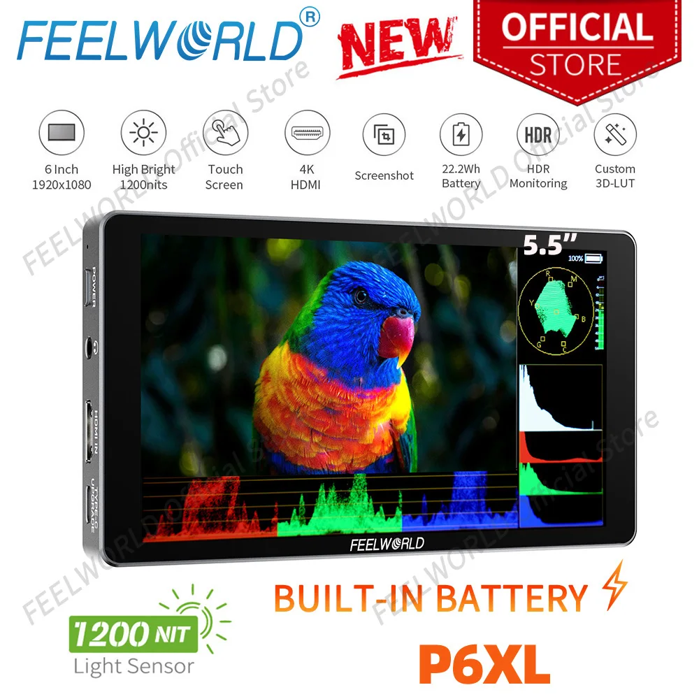 FEELWORLD P6XL 6 Inch 1200nit Aluminium Built-in Battery DSLR Camera Field Monitor Touch Screen 4K HDMI High Brightness