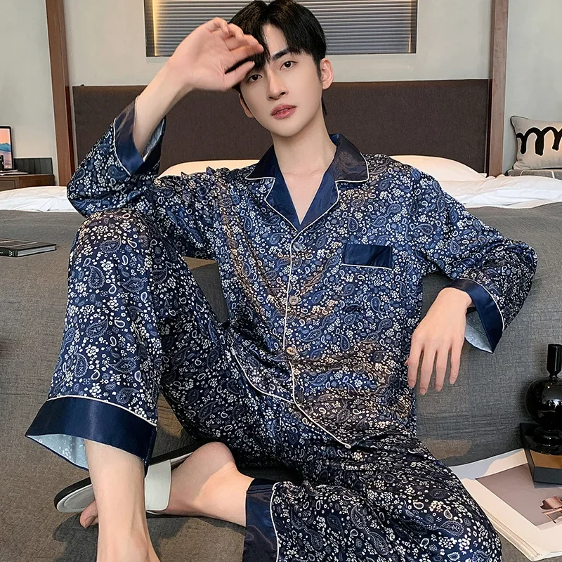 Mens Stain Silk Pajama Sets Long Sleeve Short Sleeve Shorts Men Pijama Printed Pajamas Men Sleepwear Thin Silk Pajama For