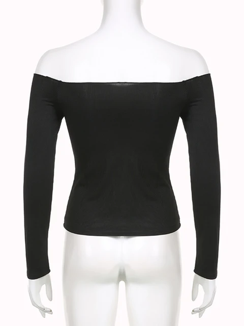 Sweetown Black Solid Slash Neck Elegant Long Sleeve Tops Korean Fashion Slim Sexy Cropped T Shirt Women Fall Clothing 6