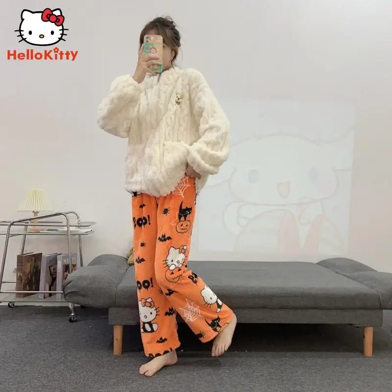 

Хэллоуин Hello Kitty, бриджи Sanrioed, аниме кавайные брюки для женщин, Осень-зима, теплые милые брюки, повседневные домашние
