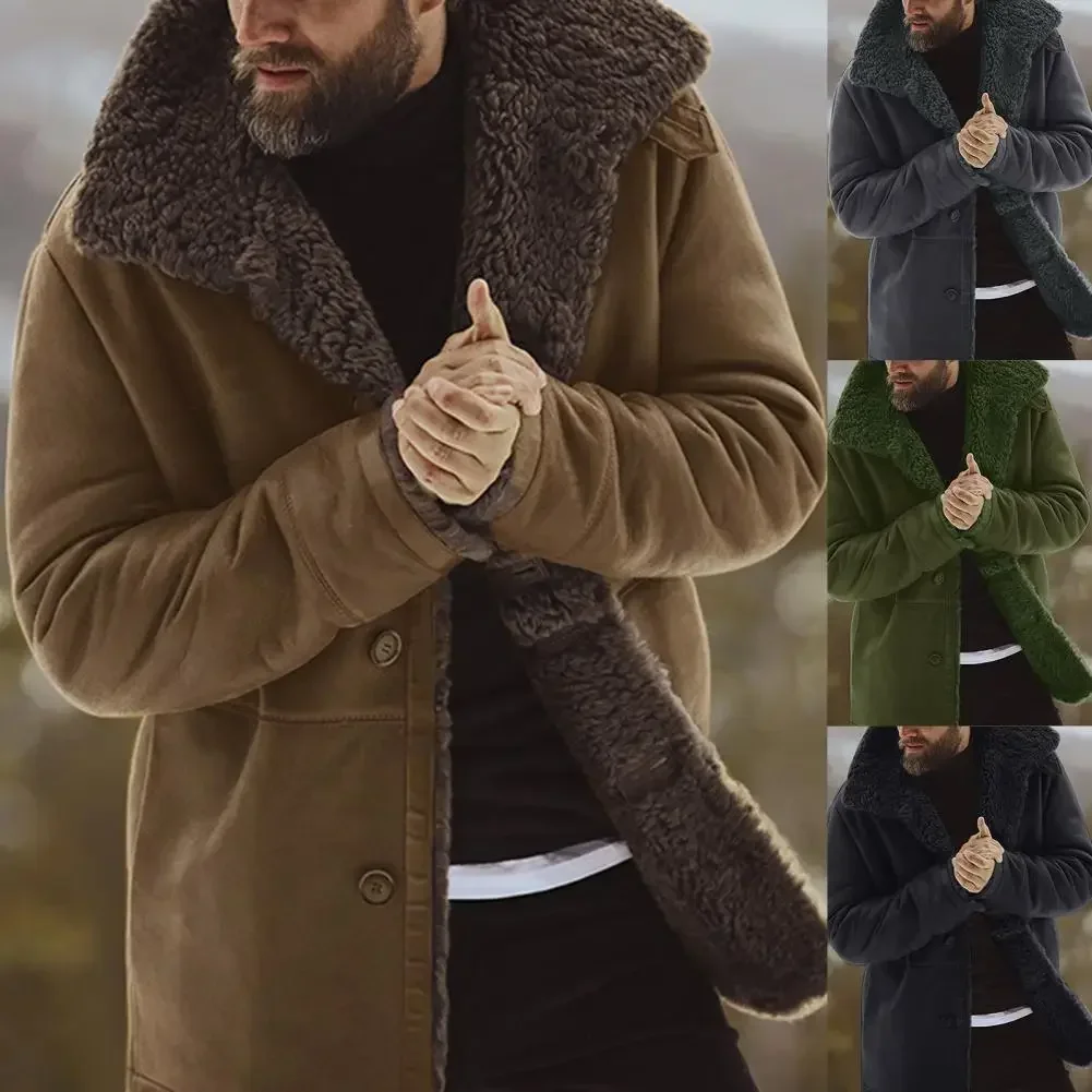 

Men Coat Windproof Men Outwear Lapel Mid-Length Thicken Fur Lined Men Casual Jacket Winter Velvet Overcoat masculina