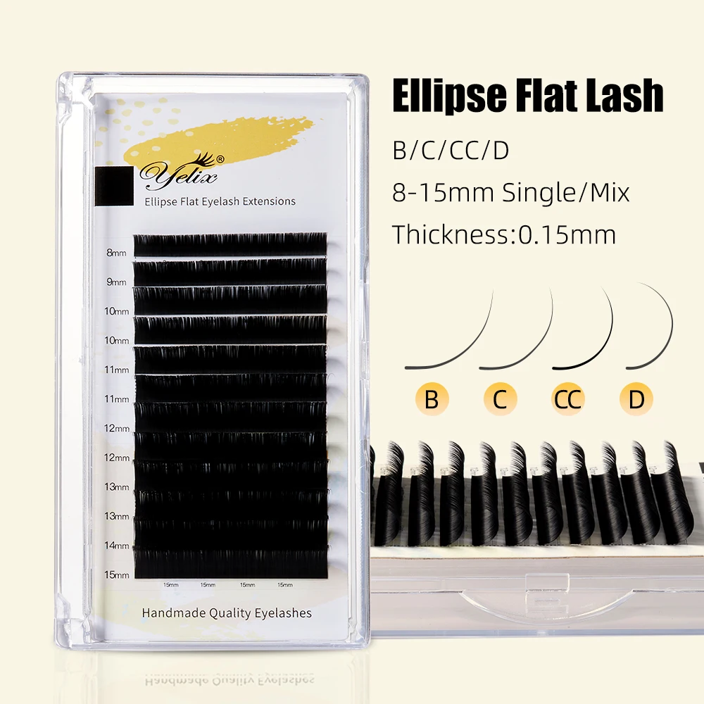 Yelix Neue 12-reihige flache Ellipse-Wimpernverlängerungen 0,15 mattschwarze geteilte Spitzen Falsche Wimpern Natürliche weiche Wimpern Make-up-Tools