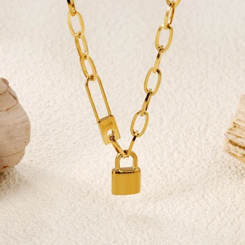 LUXUKISSKIDS Stainless Steel Letter Love Lock Pendant Thick Link Chain Necklace Female Fashion Retro Exaggerated Punk Collier