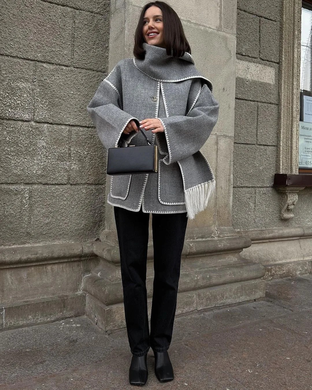 Women's Autumn Fashion Pocket Woolen Scarf Coat Casual Style Blast Street Loose Fit