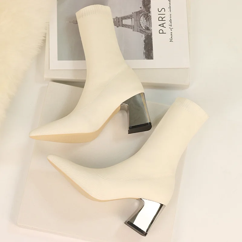 2022 Women Stretch Knitted Sock Boots Fashion Sexy High Heels Black Ankle Boots Stripper Low Block Heel Lady Winter Women Shoes