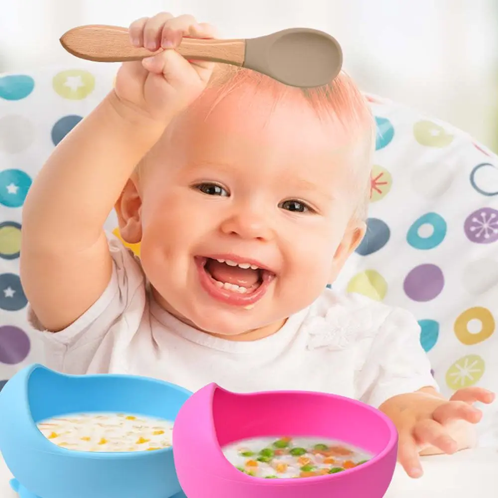 Feeding Wooden Handle Silicone Spoon For Baby Utensils Eat Soild Food