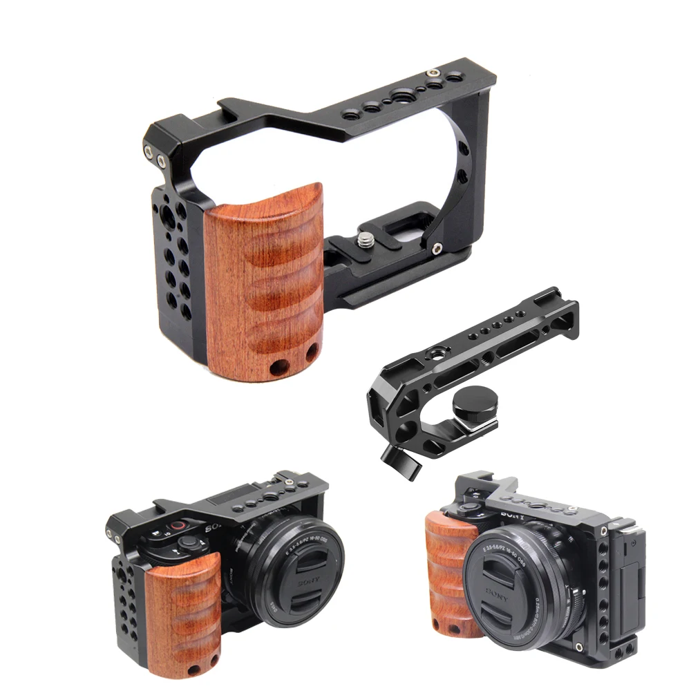 Camera Cage for Sony ZV-E10 with Wooden Handle & Cold Shoe — Stabilizer Bracket