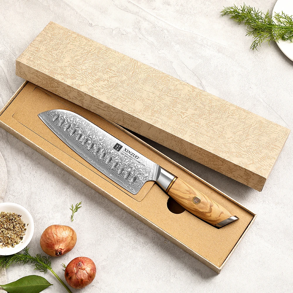 XINZUO 7'' in Santoku Knife Powder Steel Core 73 Layers Damascus Stainless  Steel Olive Wood Handle with Handmade Box Packaging