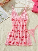 Lips Prints Pink Lace Sexy Lingerie Women See Through Babydoll Dress Slim Soft V Neck Side Opening Sleepwear Festival Gift - Image 3