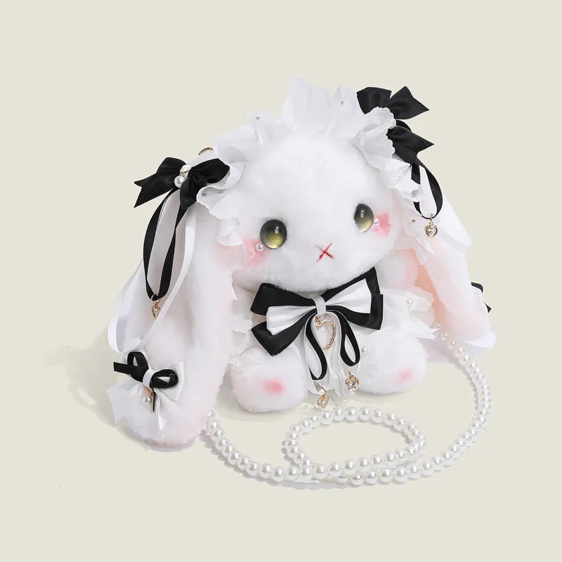Cute plush rabbit crossbody bag with pearl bow suitable for girls Lolita style cartoon shoulder bag holiday gift