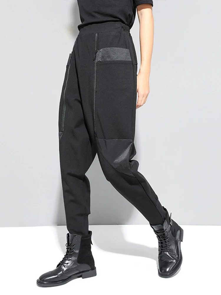 EAM High Elastic Waist Black Zipper Split Long Harem Trousers New Loose Fit Pants Women Fashion Tide Autumn 2026 1N796