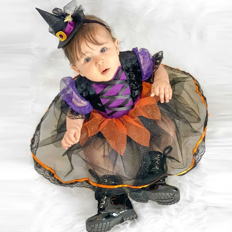 Baby Girl Dress Newborn Baby Girl Halloween Witch Costume Outfit Puff Sleeve Tulle Patchwork Romper Dress with Headband Halloween Clothes girls dress baby jumpsuit baby girl dress