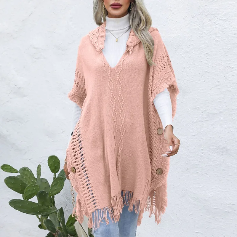 Women's Casual Loose V Neck Hooded Pullovers Temperament New Female Clothing Woman Fashion Knitted Sweater Cloak Top Vest Coat sweater vest women knitted jumper warm female sweater autumn korean fashion oversized pullovers loose casual knit sweater vest