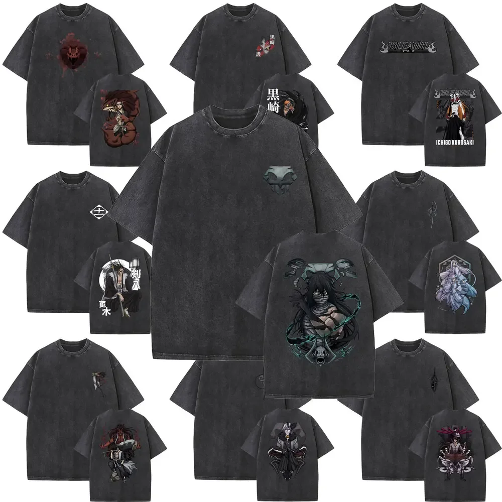 

Washed Vintage Anime Bleach Kurosaki Ichigo Graphic Print T Shirts Men Women 90s Manga Casual Oversized T-shirt Male Streetwear