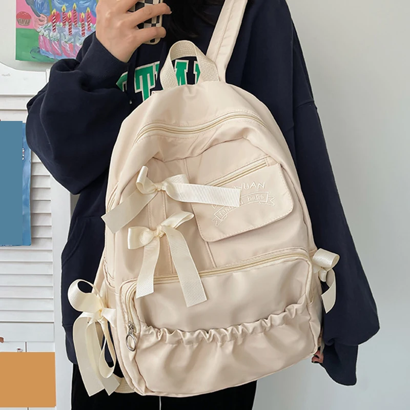 Cute Kawaii Bowknot College Backpack for Women and Girls beige 2
