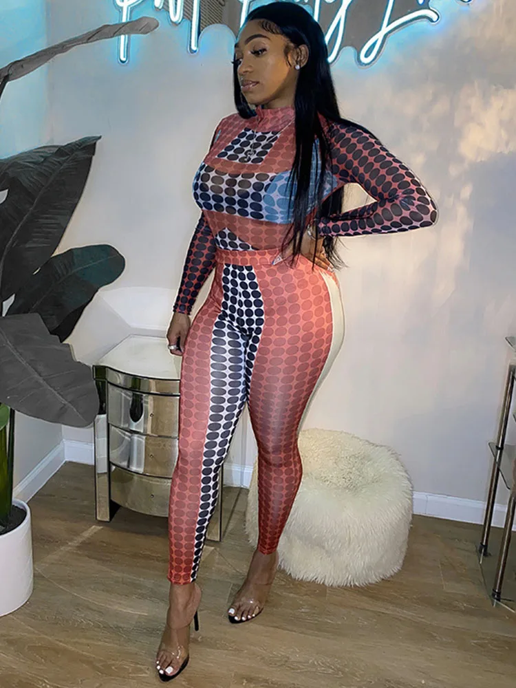 

Polka Dot Print Multi-colour Silm Pant Two Piece Sets Womens Outifits Lady Trousers Casual Clothes Long Sleeve High Collar Tops