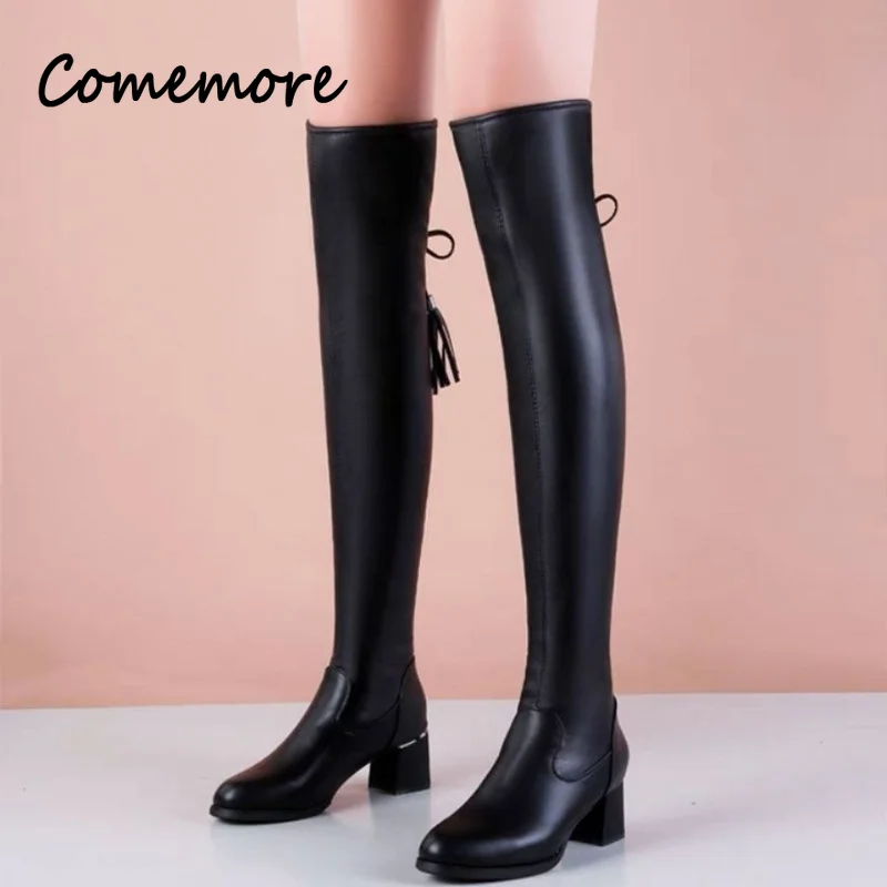 Comemore Women Leather Elastic Boots Ladies Plush Long Boot Autumn Winter Thick Heels Over The Knee Boots Slip on Knight Botas